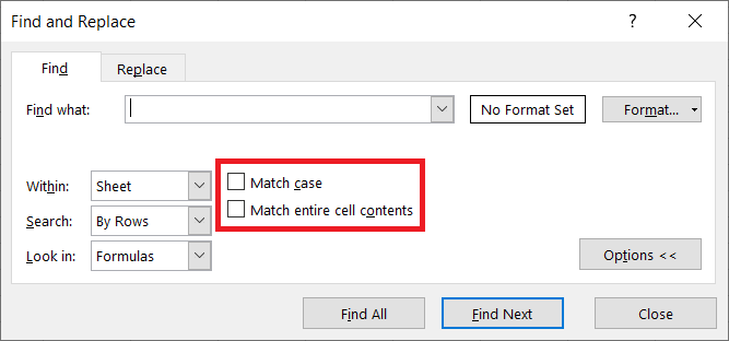 Image of Microsoft Excel Find and Replace window with Match Case higlighted.